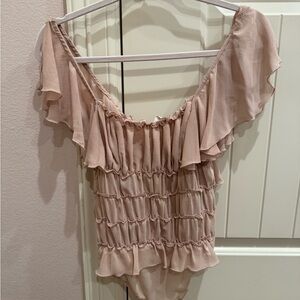 Free People Ruffled Off-Shoulder Bodysuit in Dusty Rose